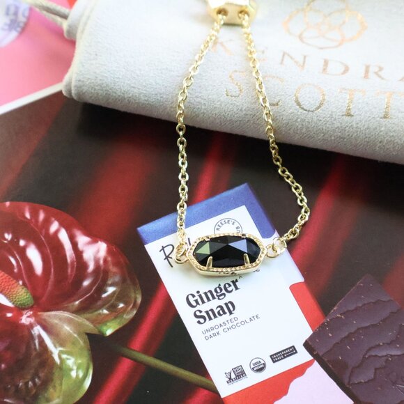 💕 Kendra Scott Elaina Black Opaque Glass Adjustable Chain Bracelet Gold - Picture 2 of 2